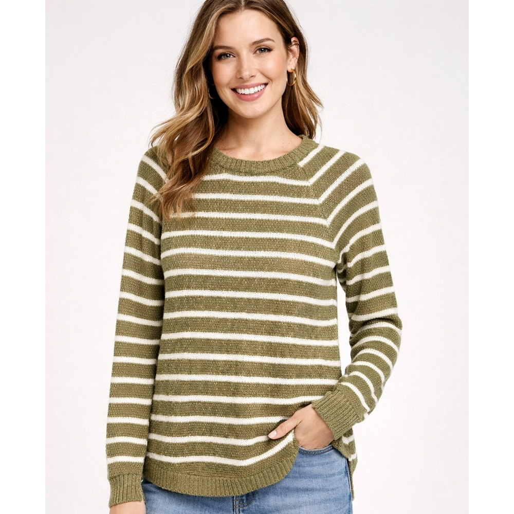 Pink Clover Knit Sweater Womens Medium Green‎ Striped Crewneck Pullover Cozy